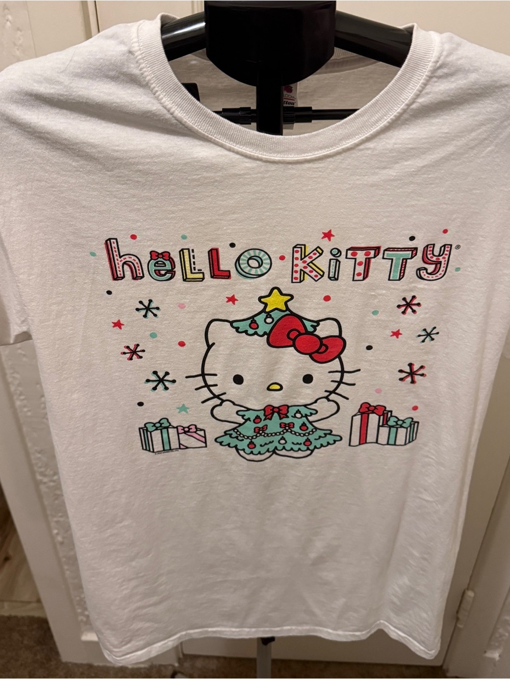 Hello Kitty holiday  Top in White with Teal and Red Graphic